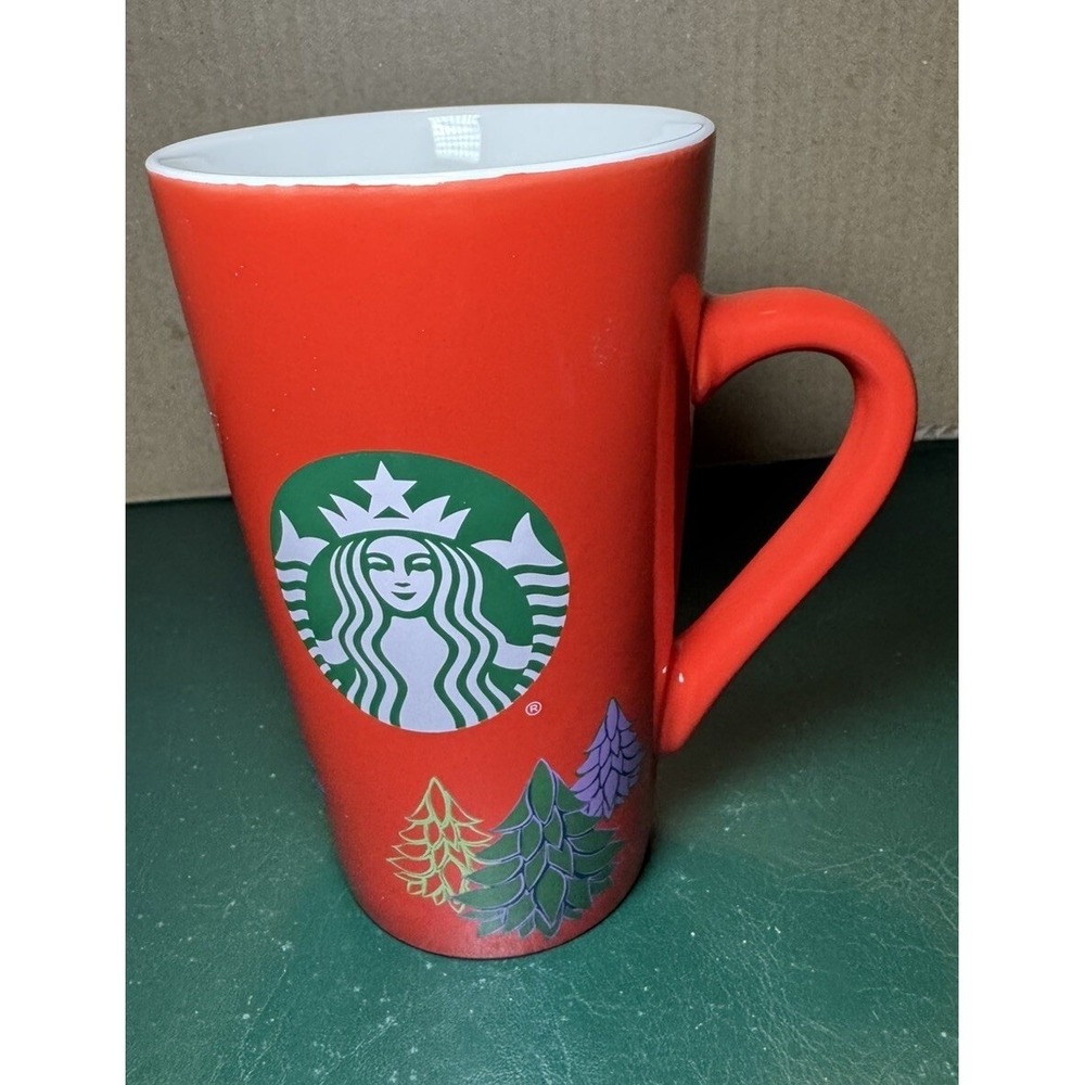 Starbucks Red Christmas 2020 Tall‎ Ceramic Mug 16oz Christmas Trees 6"